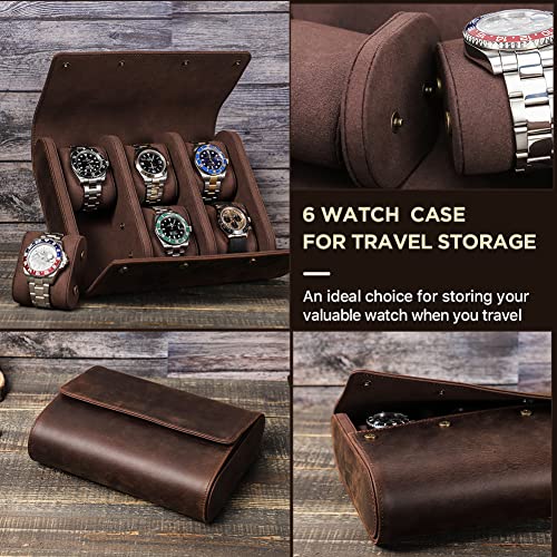 Contacts Travel 6 Watch Box, Crazy Horse Leather Watch Case For Men Watch Organizer Storage Display Protector Brown Watch Roll Pouch #TOP5