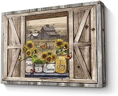 Sunflower Wall Art Canvas Print Rustic Wall Decor Faux Barn Doors Sunflower Jars On Barn Painting Picture Framed Modern Farmhouse Artwork for Living Room Bedroom Bathroom Office Home Decor 16x24 Inch