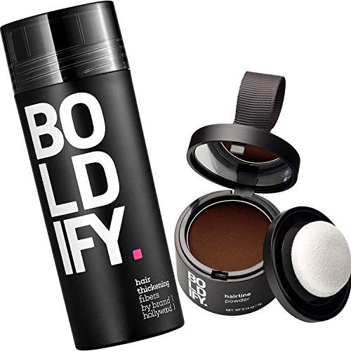 Hair Fiber (Medium Brown) + Hairline Powder (Medium Brown): Boldify Build & Conceal Bundle - Undetectable Hair Thickener for Fine Hair, Instant Stain-Proof Root Touchup Powder, For Men & Women