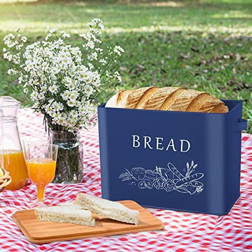 Herogo Bread Bin, Metal Bread Box with Wooden Lid for Cutting Bread Board, Extra Large Bread Holder Holds 2 Loaves, Space Saving Bread Storage for Kitchen Countertop, 33x18x24.5cm (Blue)
