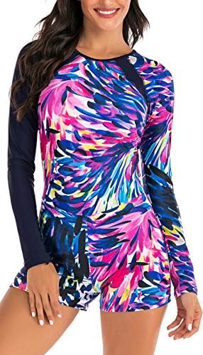 swimall Women Boy Short Long Sleeve Swimsuits One Piece Rash Guard Bathing Suit Swimwear UPF 50+(Multicoloured, Large(8-10))