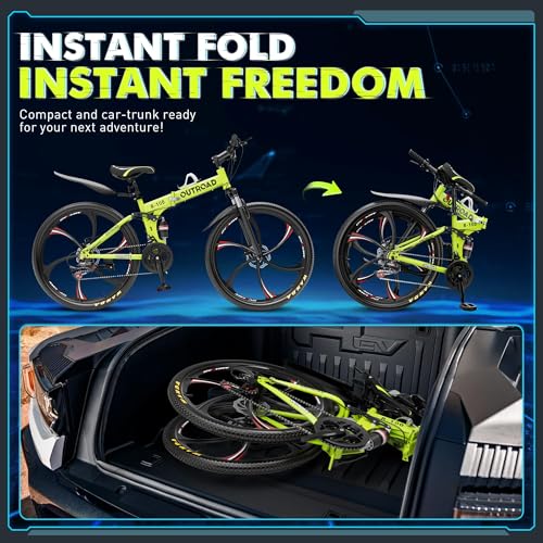 Max4out 26 Inch Folding Mountain Bike, 21 Speed Full Suspension Bicycle with High-Carbon Steel, Dual Disc Brake Non-Slip Quick Release tire Folding Bicycle for Adults/Men/Women(Green)
