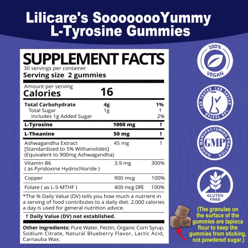 L Tyrosine Gummies 1100Mg Mood Support Blend With Ashwagandha, L-Theanine, Vitamin B Complex B6, Folate B9, For Deep Relaxation, Focus & Memory, Cognition & Brain Function, Energy Boost, 2Pc/120Ct #TOP1