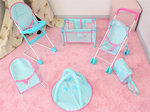 KOOKAMUNGA KIDS 6 Pc Baby Doll Stroller Set - Baby Doll Accessories - Baby Doll Playset w/ Doll Crib Stroller High Chair & Feeding Tray - Playpen - Bouncer - Diaper Bag - Activity Mat - Ages 3+ (Blue)