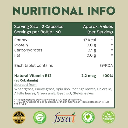 Image of Nutrabud Plant Based Vitamin B12 Supplement for Men, Women - 120 Capsules - 100% RDA of Natural B12 for High Absorption (120 Count (Pack of 1))