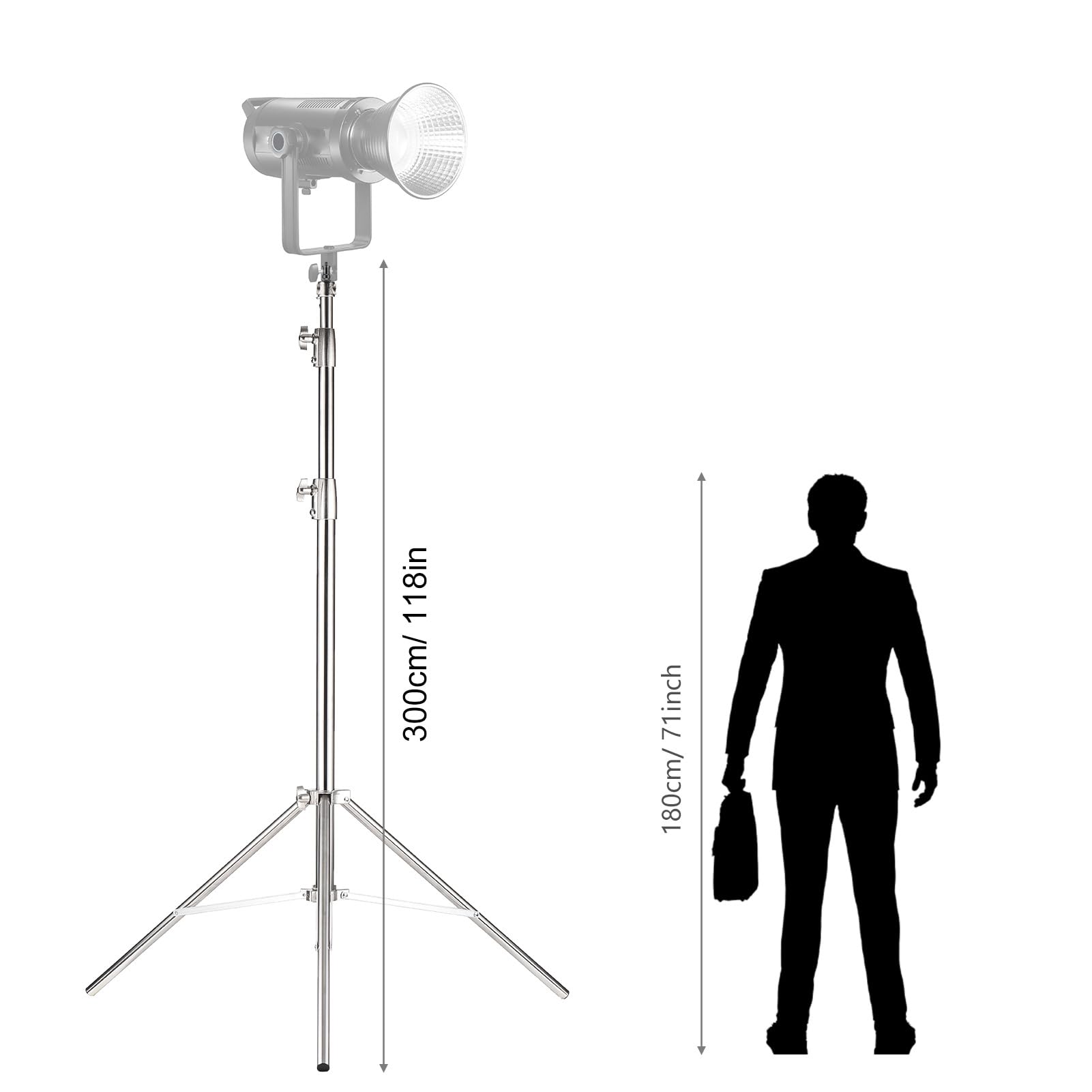Diyeeni Stojak na Lampę ze Stali Nierdzewnej, Statyw Fotograficzny o Długości 9,84 Stopy ze śrubą 1/4 i 3/8 Cala, 3 Sekcje, Wytrzymały do ​​softboxów, Lamp Studyjnych, Reflektora i Lampy