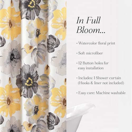 Image of Lush Decor Leah Floral Shower Curtain, 72 inch W x 72 inch L, Yellow & Gray - Fabric Shower Curtains - Watercolor Botanical Bathroom Curtain - Farmhouse & French Country Decor