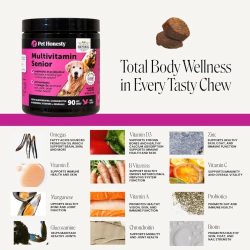Image of Pet Honesty Vet Recommended Senior Dog Multivitamin, 90 Ct, Duck | 10-in-1 Dog vitamins for older dogs, supports hip & joint mobility, eye, brain & heart health, with glucosamine & probiotics