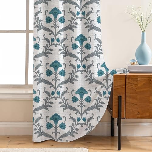 Image of LINENWALAS Printed Blackout Curtains for 6 Feet Window | Set of 2 | Printed Drapes | Thermal Insulated, Room Darkening Panels with Grommet Hanging for Living Room (Antique Teal Blue)