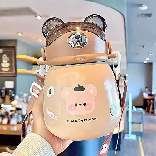 Moonase Cute Kawaii Bear Thermos Water Bottle With Straw And Strap Portable Leak-Proof Stainless Steel Insulated Bottles With Carrying Loop Vacuum Thermos Jug For Kids Adults 860Ml (Brown), G003 #TOP1