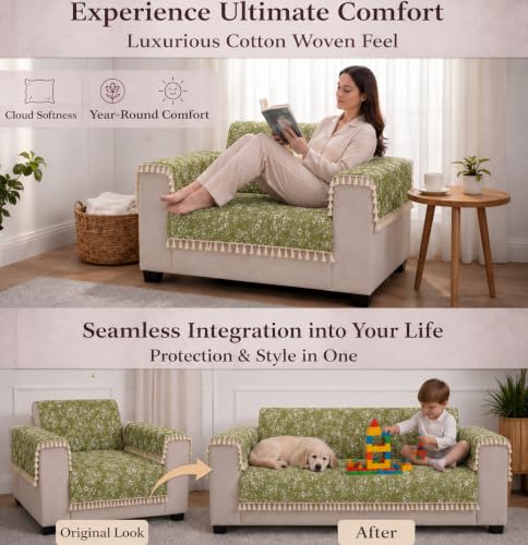 Image of STITCHNEST Woven Fabric Sofa Cover 3 Seater with 2 Hand Rest Covers - Washable Green Sofa Cover with Tassels - Durable Premium Fabric - Stylish Sofa Protector for Living Room & Furniture Decor