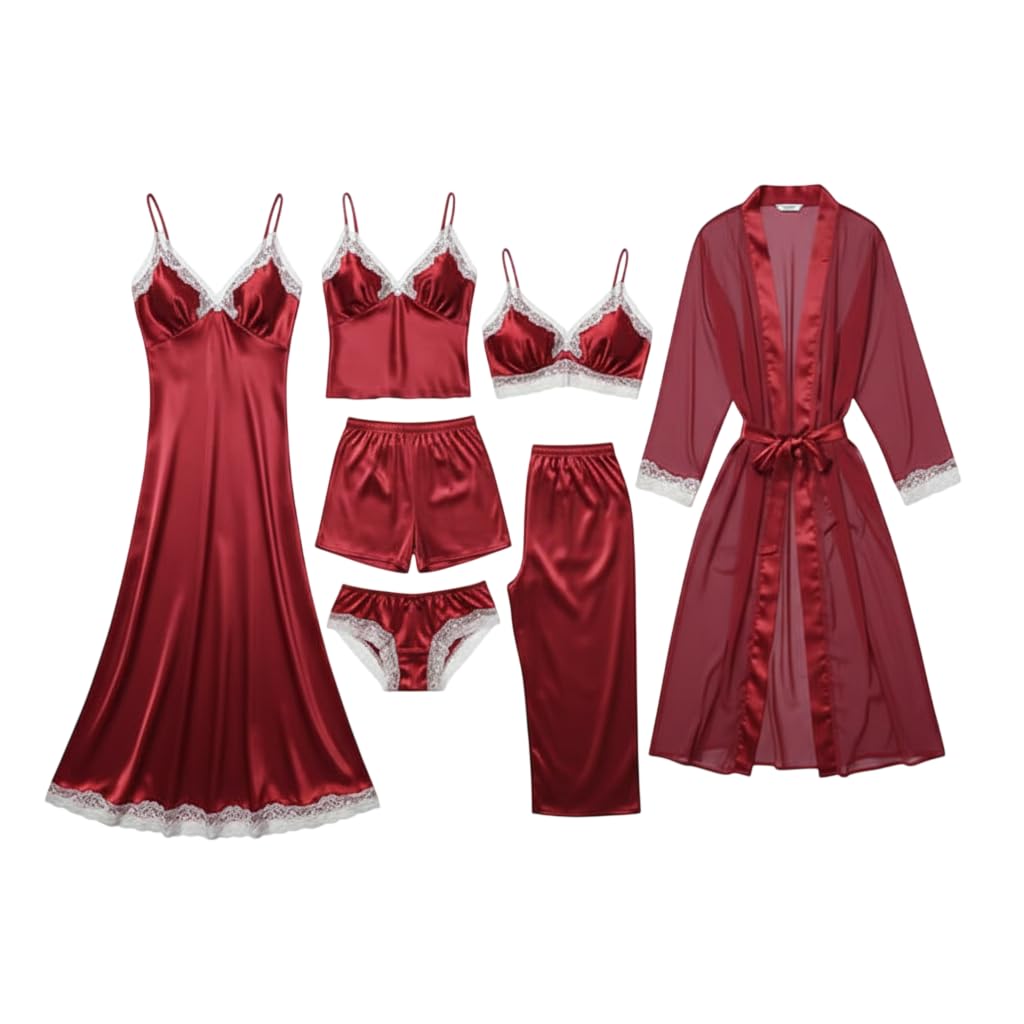 e - ezra Valentine's Day Fancy Night Suit Bath Robe Dress & Bra Panty Set Combo for Women's Pack of 7 Pcs Nightwear Lingerie Silk Wedding Gifts Lace Nightsuit Set Red Dress (Free Size)-picture-36