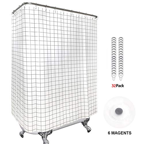 Riyidecor 180x70 Inch White Plaid Shower Curtain Panel with Magnets Clawfoot Tub Bathroom
