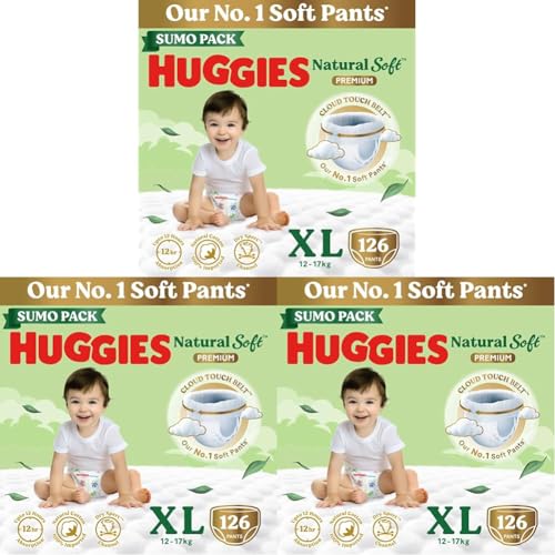 Image of Huggies Natural Soft Premium Baby Diaper Pants, Our No.1 Soft Pants, Extra Large (XL) Size (12-17 Kgs), Sumo Pack of 378 diapers | Cloud Softness All over with India's 1st Cloud Touch BeltTM (42 Count, Pack of 3)