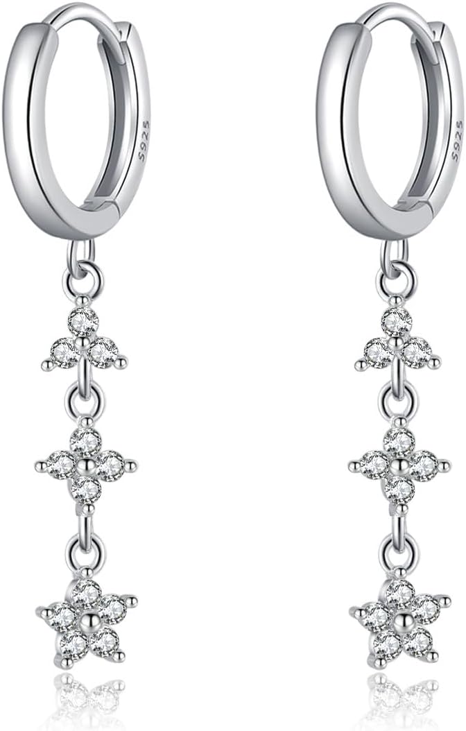 Reffeer Solid 925 Sterling Silver CZ Flower Chain Dangle Earrings for Women Teen Girls Chain Drop Hoop Earrings