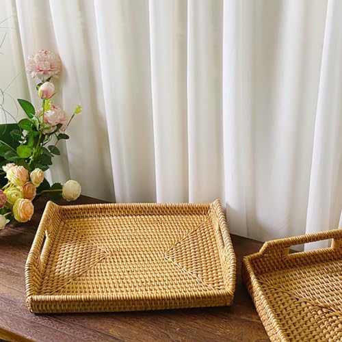 Wicker Serving Tray, Hand Woven Rattan Rectangular Serving Tray with Handles, Wicker Decorative Display Serving Platters for Breakfast Drinks Snack Dining Coffee Table
