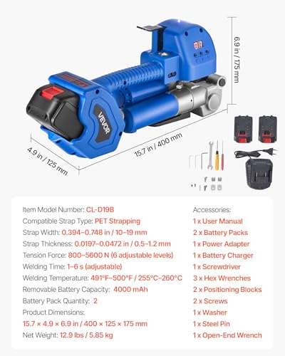 VEVOR Umreifungsgerät, 2 x 4000 mAh Akku, Umreifungsmaschine mit Digitalanzeige für 10–19 mm breite PET-Bänder, Bandverpackungsmaschine für ideal für Fabriken, Lagerhallen, & Logistikzentren