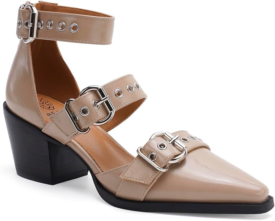 Women's Buckled Heeled Shoes Block Heel Pumps Pointed Toe Heels Comfortable Closed Toe Dress Wedding Shoes