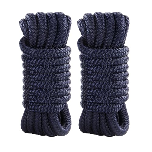 Hopeseily 1/2 x 15 Dock Line Marine Grade Nylon Boat Rope with 12 Loop for Mooring and Docking Premium Double Braided Abrasion Resistant Soft Handling Boat Accessories Navy Blue 2Pack