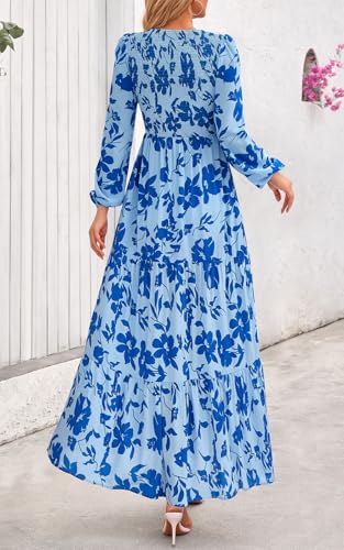Image of PRETTYGARDEN Women's Fall Dresses 2026 Long Sleeve Flowy Casual Floral Maxi Dress Crew Neck Smocked Tiered Long Dress