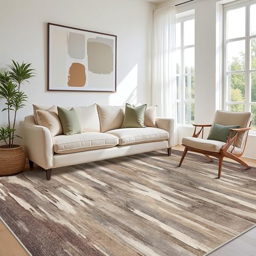 Area Rugs 8x10 Machine Washable Rug for Bedroom Living Room Dining Room, Large Modern Abstract Soft Rugs, Indoor Low Pile Carpet with Non Slip Rubber Backing, Mocha Brown