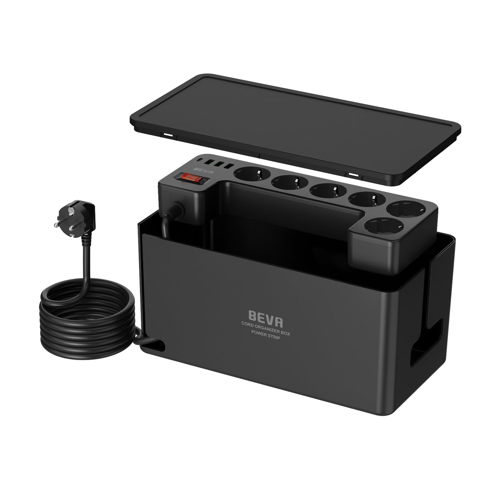 Regleta Enchufe con Caja Organizadora de Cables, BEVA Caja para Cables | Regleta Multiple con 3 USB-A y 1 USB-C, Regleta Protección Sobretensiones, 2M Cable, 3680W, Negro