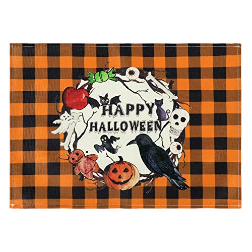 Image of Placemats Set of 6 Halloween Pumpkin Kitchen Table Mats Set of 4 Halloween Ghost Marble Kitchen Accessories Non Slip Placemats Pumpkin and Crow Set of 4