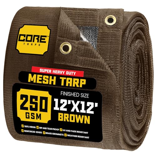 Core Tarps 60% Brown Shade Cloth with Grommets - 12 X 12 FT Heavy Duty Mesh Tarp - Sun Shade Cloth for Garden Vegetables Plants Greenhouse Outdoors Backyard Fences Dump Trucks Patio Mesh Shade Tarp