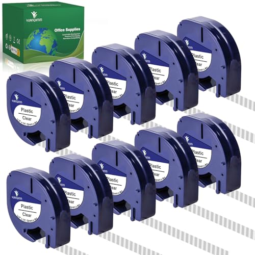 YUANQIMM Paquete de 10 cintas de etiquetas compatibles con Dymo LetraTag 16952 de plástico transparente LT para impresora Letra Tag Label Maker LT100H LT100T QX50, 12 mm x 4 m, negro sobre