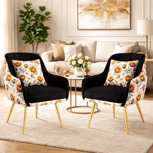 Image of Velvet Accent Chair | Luxury Upholstered Armchair with Sturdy Metal Legs | Modern Comfortable Chair for Living Room, Bedroom, Office, or Cafe (Golden Legs, Black Floral)