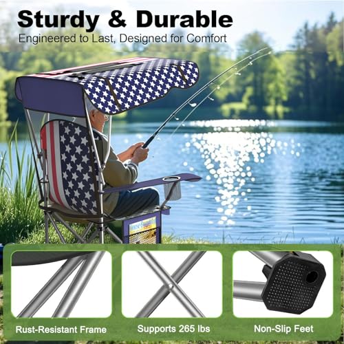 Image of VTOY Portable Camping Chair with Canopy - Folding Chair with Canopy, Durable 600D Oxford Canopy Chair for Camping, Beach, Picnics, Fishing & Sports (1 Pack Flag Design)