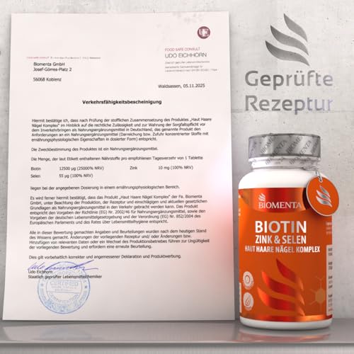 BIOMENTA Biotin + Zink + Selen - Haut + Haare + Nägel Komplex - 12.500 mcg Vitamin B7 / Stck. - 370 Biotin Tabletten hochdosiert + vegan - Premiumqualität
