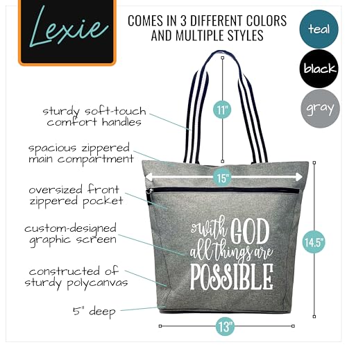 Brooke & Jess Designs Large Inspirational Zippered Tote Bag for Women - (With God Gray)