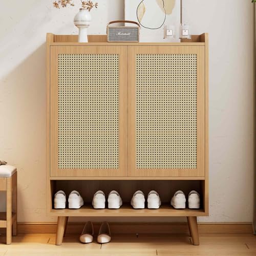 KOMHTOM Rattan Aufbewahrungsschrank Sideboard, Schuhschrank mit Zwei...