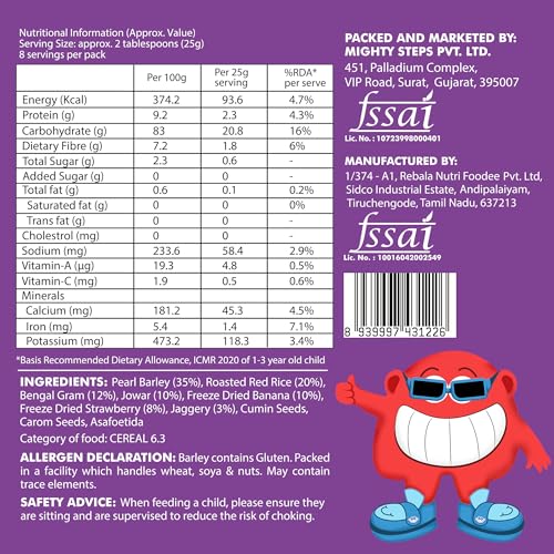 Image of BE'BE' BURP Travel pack Grab & Go - Barley Mix Porridge with Banana & Strawberry | Natural Food No Sugar No Salt | No Artificial Preservatives & Flavours| 120gm (Pack of 4)