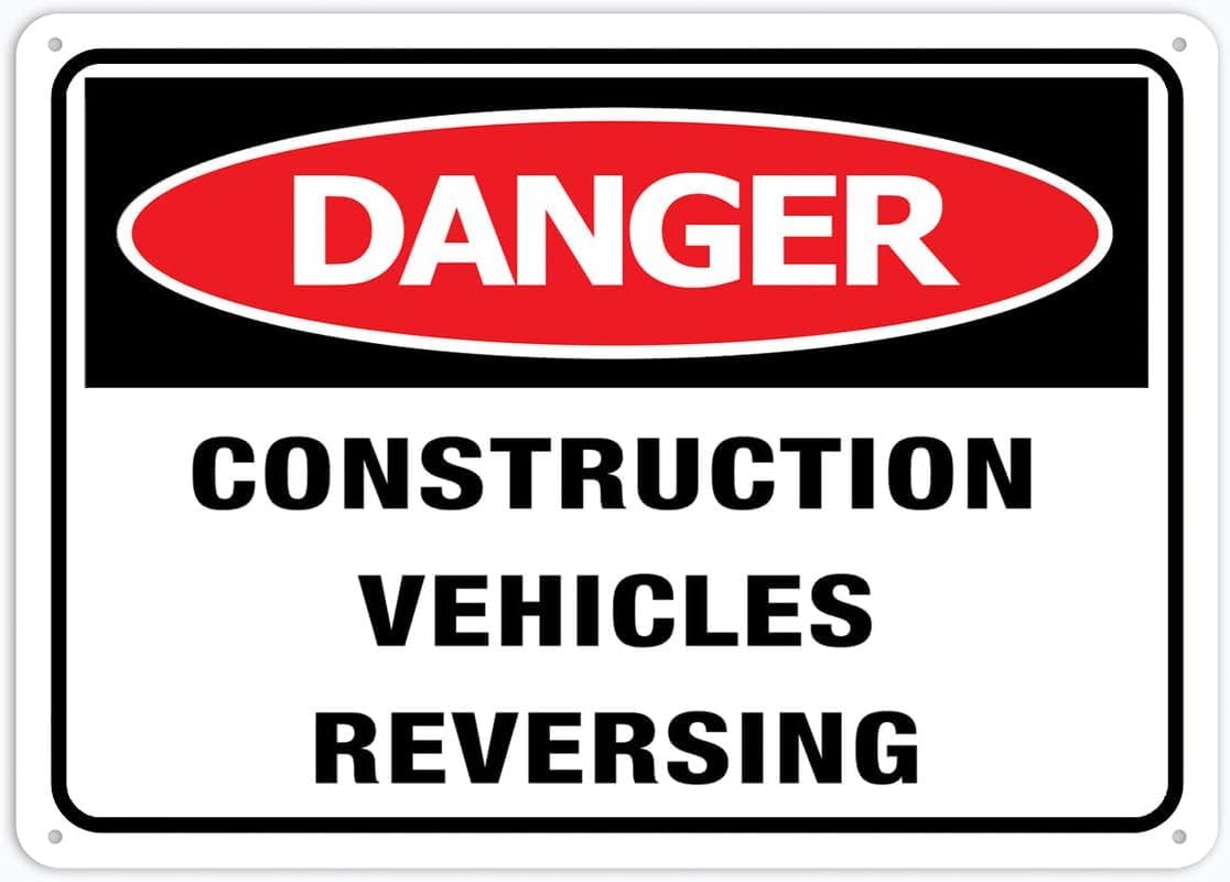 Danger Construction Vehicles Reversing Rust Free Aluminum Tin Sign - Warning Decor with Pre-Drilled Holes for Indoor-Outdoor Construction Site, Loading Dock - 8x12 Inch​