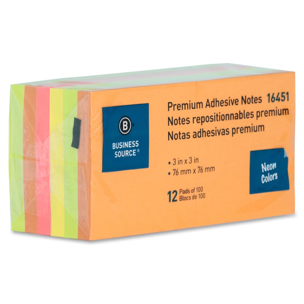 Bloc de notas adhesivos, 3 x 3 pulgadas, 100 hojas, 12 unidades, neón, se vende como 1 paquete