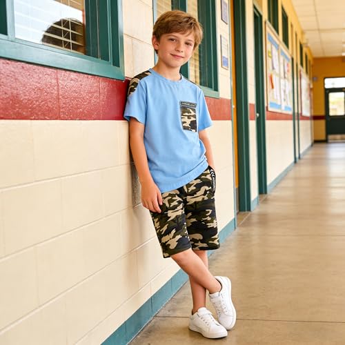 Image of LOLANTA Boy Summer Outfit Casual Clothes 2Pcs Cotton T-shirt Shorts Set | Kids Short Sleeve T-Shirt, Boy Camouflage Knee-length Shorts, Breathable Fashion Outfits, School Daily Matching Clothing Sets