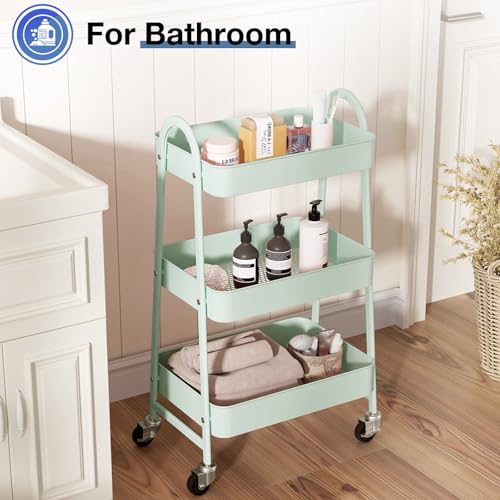 DUMOS-3-Tier-Metal-Rolling-Storage-Cart-with-Lockable-Wheels-Mobile-Shelving-Unit-Utility-Rolling-Organizer-for-Office-Bathroom-Kitchen-Laundry-Room-Narrow-Places-Light-Green DUMOS 3 Tier Metal Rolling Storage Cart with Lockable Wheels Mobile Shelving Unit Utility Rolling Organizer for Office Bathroom Kitchen Laundry Room Narrow Places Light Green