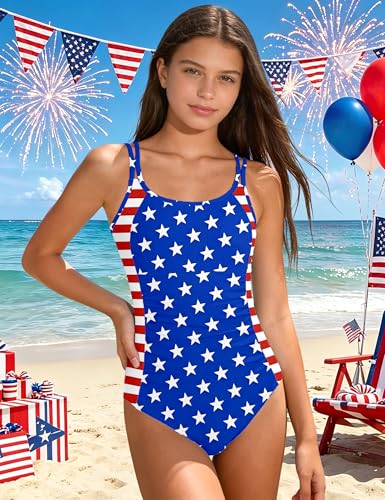 Image of CRISONE Girls One Piece Swimsuits Adjustable Straps Bathing Suit Color Block Padded Pool Beach Swimwear 9-16Y