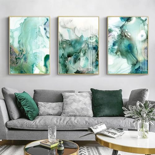 Affiche de galerie en toile pour salon, triptyque marbre vert menthe 60x80cm style contemporain