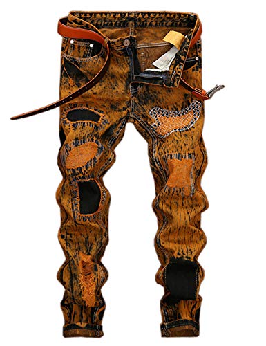 Men's Ripped Paint Jeans Pants Slim Fit Straight Distressed Denim Trousers