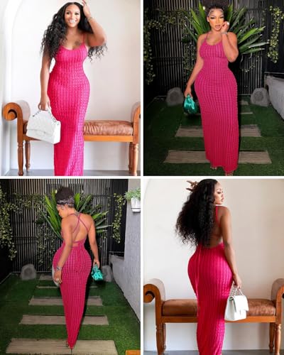 Image of RARITYUS Women's Lace Up Bodycon Maxi Dress Sexy Low Cut Backless Sleeveless Textured Long Party Club Dresses