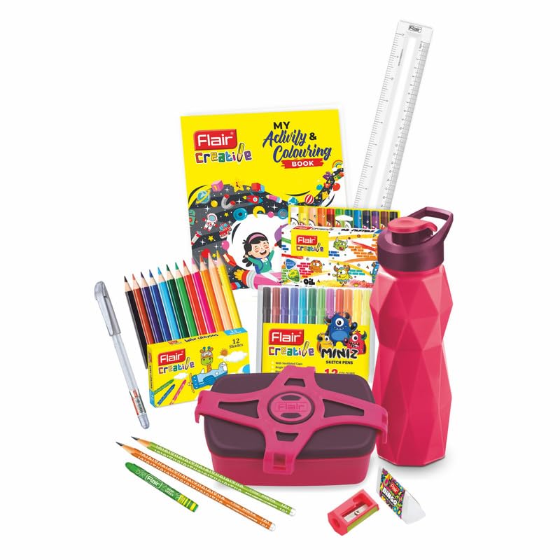 FLAIR Creative Series Bingo Art Smart Kit | School Stationery Kit, Ideal for Kids Gifting | Use for Writing, Colouring, Drawing & Crafting | Colourful Sipper & Tiffin Box Included - Colour May Vary