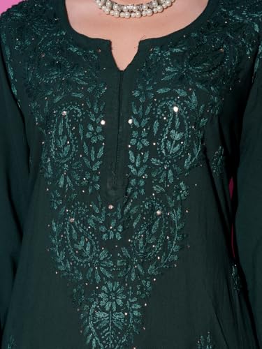 Image of Fashion Chikan Art Women's Lucknowi Premium Chanderi Silk Hand-Embroidered Chikankari Kurti & Palazzo Set | Elegant Festive & Casual Wear Ethnic Suit