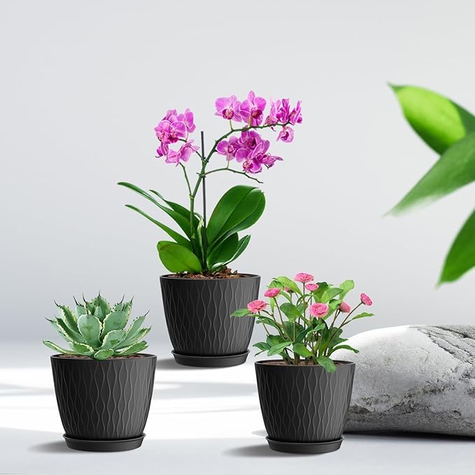 Image of StyleX Store Plastic Round Flower Pots with Drainage Hole Saucers | Durable Outdoor Indoor Wave Pattern Planters with Tray | Plant Containers for Garden, Office, Balcony and Home (Set of 5, Black)