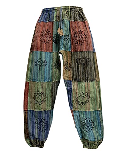 Men's Stonewashed Cotton Bohemian Vintage Yoga Ethnic Print Patchwork Harem Pants (XL)