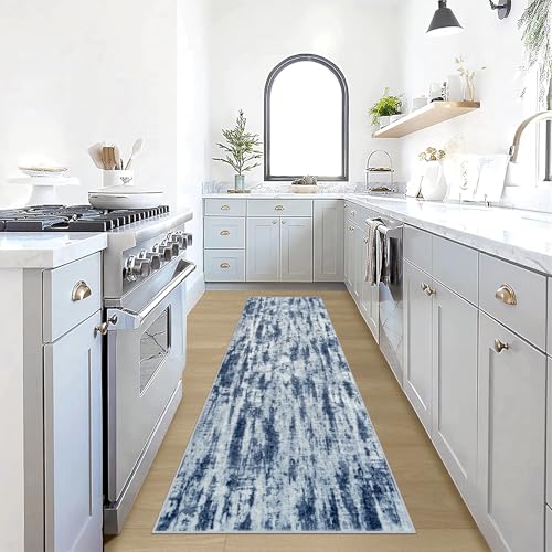 2'6''x8' Runner Rugs Washable Rug: Modern Abstract Living Room Rug Soft Anti-Skid Thin Carpet Indoor Floor Non-Shedding Carpets for Bedroom Dining Room Farmhouse Nursery Home Office Blue Grey