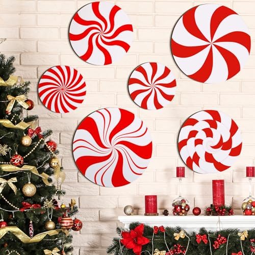 Thyle 6 Pcs Christmas Candy Wood Signs Peppermint Wall Decor, Red...