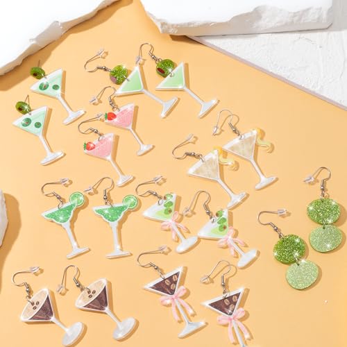 Y1tvei Martini Acrylic Dangle Earrings - 9 Pairs Cute Olive Strawberry Lemon Coffee Beans Coquette Pink Bow Glitter Dangle Drop for Women Girls, Stylish Accessories Jewelry Gift Set for Party Holiday4